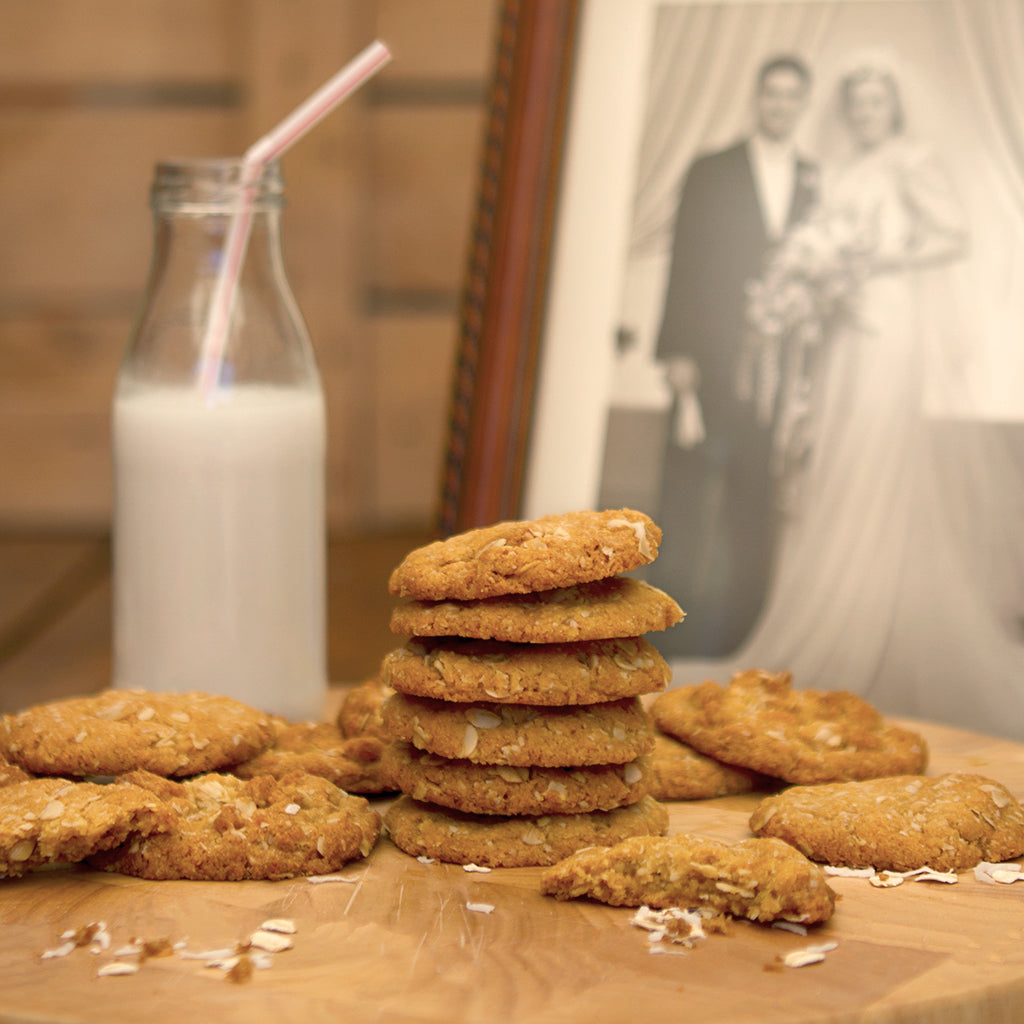 Chewy Anzac Biscuits in Front of Antique Wedding Photo
